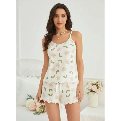 Kadın Ekru Çiçek Baskılı Şortlu Gecelik Pijama Takımı Rahat Şık 2’li Set