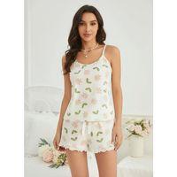 Kadın Ekru Çiçek Baskılı Şortlu Gecelik Pijama Takımı Rahat Şık 2’li Set