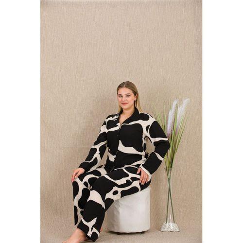 Büyük Beden Siyah Beyaz Desenli Düğmeli Uzun Kol Viskon Pijama Takımı