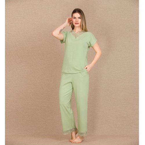 Pamuklu Şık Tasarım Dantel İşlemeli Yeşil Kısa Kol Pijama Takımı