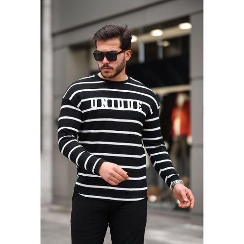 Unique Baskılı Çizgili Erkek Sweatshirt - Siyah