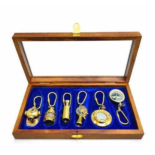 Ahşap Kutulu Denizci Temalı Pirinç Anahtarlık Seti