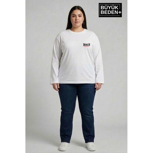 Kadın Büyük Beden Orta Brooklyn Baskılı 2 İplik Bisiklet Yaka Tişört SPR26BEAK942-3