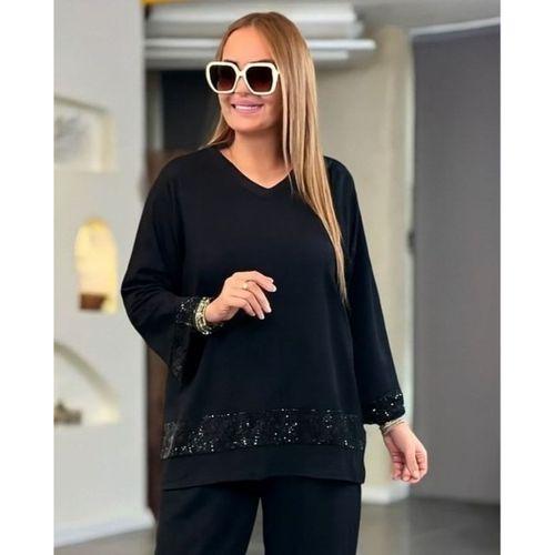 Kadın Uzun Kollu V Yakalı Pulpayet Viskon Iki Iplik Bluz Ve Pantolon Takım