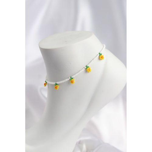 Beyaz Renk Boncuklu Papatya Motifli Halhal