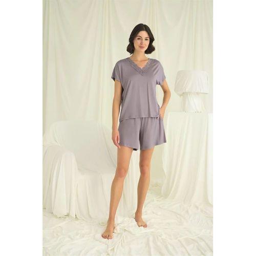 Kısa Kollu Dantelli V Yaka Şort Takımı