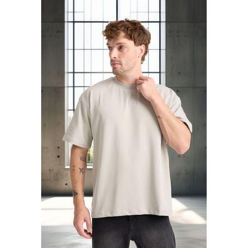 İki İplik Kumaş Pamuklu Bisiklet Yaka Basic Oversize Erkek T-Shirt - Mineral Gri