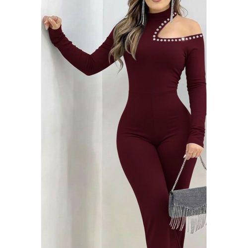 Kadın Tek Omuzdan Açık Balıkçı Yaka Taş Detaylı Uzun Ithal Krep Tulum