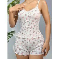 Pamuklu Beyaz Üstüne Çiçek Desen Fitilli Askılı Şortlu Pijama Takımı