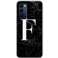 Tecno Camon 18T HD Baskılı Kılıf + 9D Tam Ekran Koruyucu - Siyah Mermer Desenli F Harfi