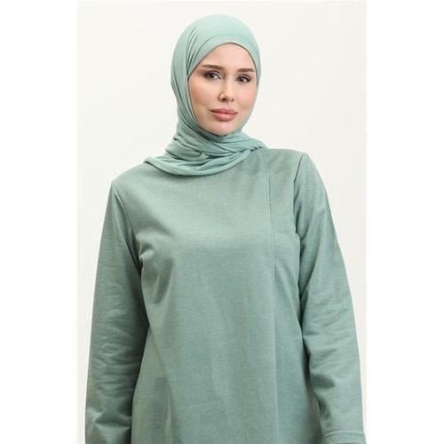 Kruvaze Bisiklet Yaka Sade Basic Tunik Panolon İkili Takım - 03076.100 - Çağla Yeşili