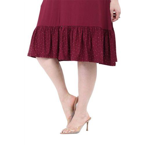 Melsay Butik Kolları Taş Baskılı Fırfırlı Kısa Kollu Bordo Kadın Midi Elbise