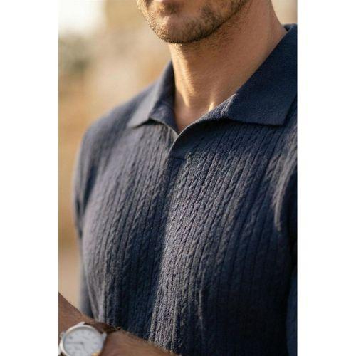 Nestor Saç Örgü Desenli Polo Yaka Regular Fit Örme İnce Triko Erkek T-Shirt - Lacivert