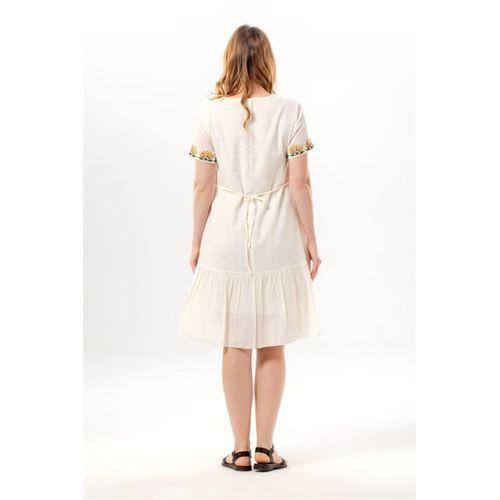 Kısa Kol Dilek Vual V Yaka Yazlık Nakışlı Günlük Kısa Elbise Krem Krm