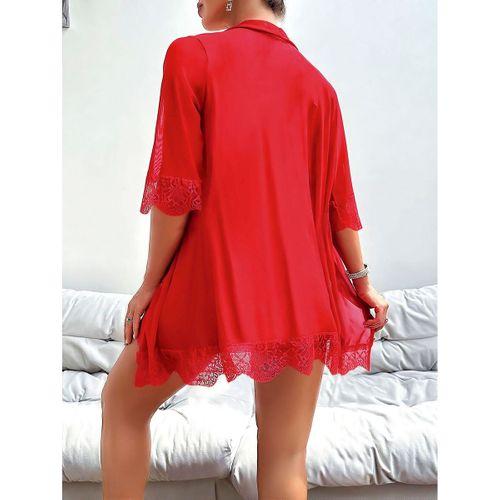 Özel Tasarım Dantel İşlemeli Göğüs Dekolteli Sabahlıklı Kırmızı 2'li Tül Gecelik Takımı