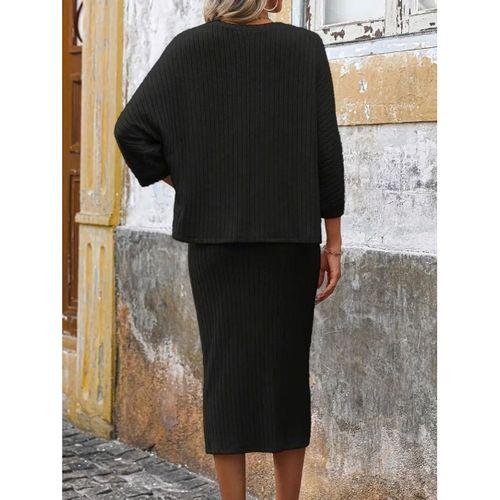 Kadın Uzun Kollu Yuvarlak Yakalı şardonlu Kaşkorse Bluz Ve Etek Ikili Takım