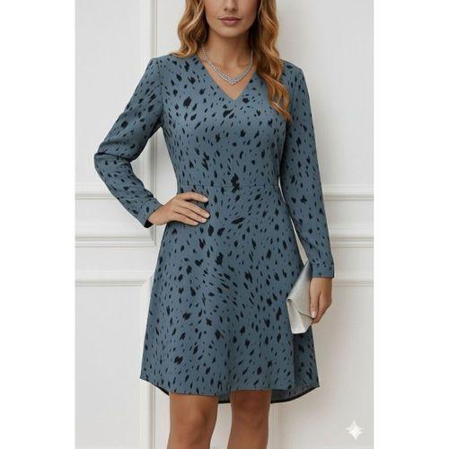 Kadın Uzun Kollu V Yakalı Desenli Kısa Keten Elbise