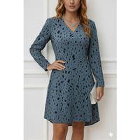 Kadın Uzun Kollu V Yakalı Desenli Kısa Keten Elbise