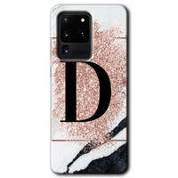 Samsung Galaxy S20 Ultra HD Baskılı Kılıf + 9D Tam Ekran Koruyucu - Pembe Mermer  D Harfi