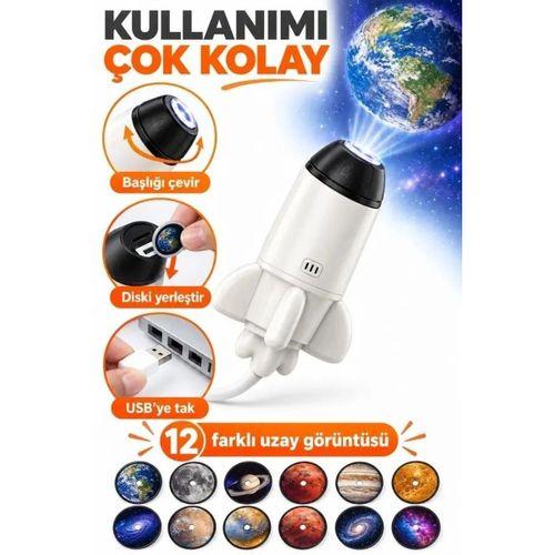 12 Film Diskli Roket Galaksi Projektörü Usb Tak Çalıştır Uzay Ve Gezegen Projeksiyon Gece Lambası
