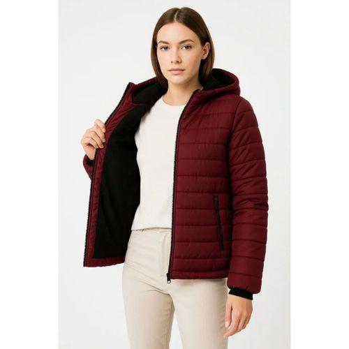 Şişme Kapüşonlu Fermuarlı Mont Su Itici Kapitone Astarlı Kumaş Cepli Kışlık Rahat Kalıp - Bordo