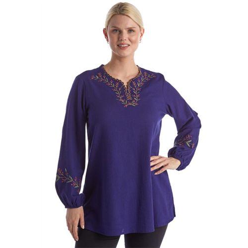 Şile Bezi Uzun Kol Mor Nakış Detaylı V Yaka Yazlık Otantik Bluz