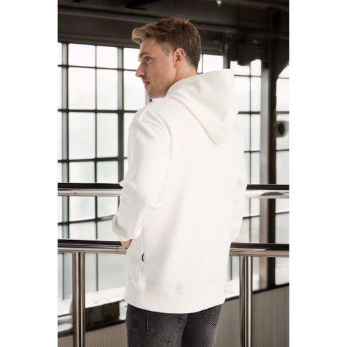 Luc Oversize Basic Dalgıç Kumaş Viskon Kapüşonlu Cepli Sweatshirt Hoodie - Ekru