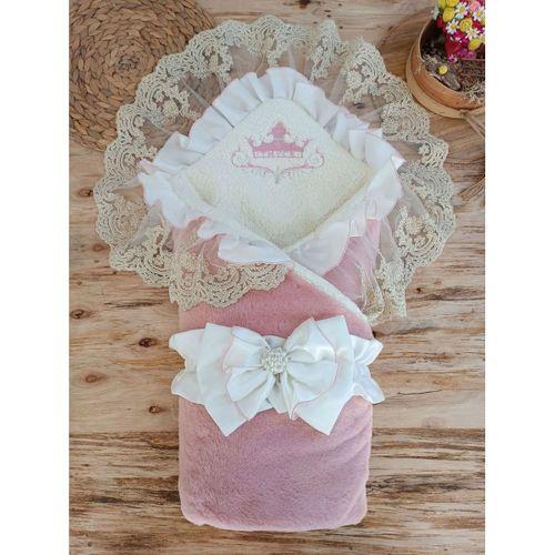 Yenidoğan Wool Yün Kumaş Taç Nakışlı Güpür Duvaklı Fiyonk Prizma Taş Unisex Kundak Bebek Battaniyesi Pembe