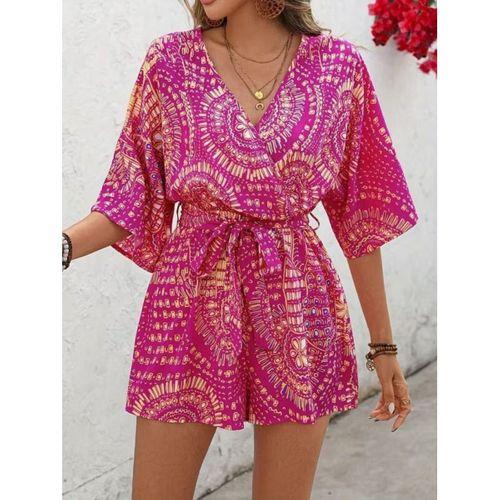 Kadın Kısa Kollu Kruvaze Yakalı Belden Kuşaklı Desenli Kısa Süprem Tulum