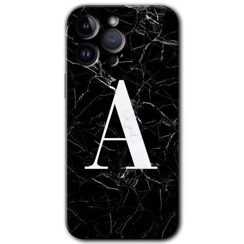 Potkal Hediye Fabrikası iPhone 14 Pro Max Kılıf HD Desen Baskılı Arka Kapak - Siyah Mermer Desenli A Harfi