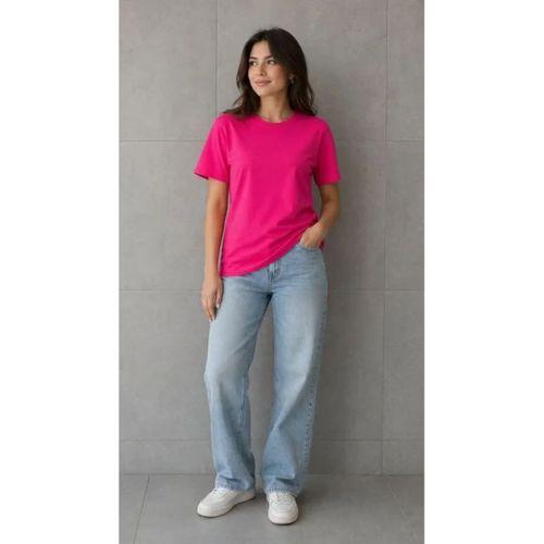 Basic Pamuklu Tişört Bisiklet Yaka Düz Renk Relaxed Fit T-Shirt - Fuşya