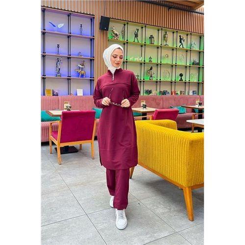 Dik Yaka Kısa Fermuarlı Yırtmaçlı Sade Basic Uzun Tunik ve Pantolon İkili Spor Takım - 03062.009 - Bordo