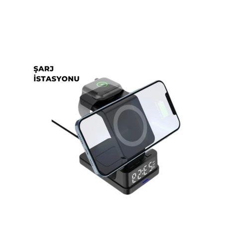 Kablosuz Şarj İstasyonu Ve Dijital Saat – Apple Uyumlu, 3 Kademeli Işık Ayarı