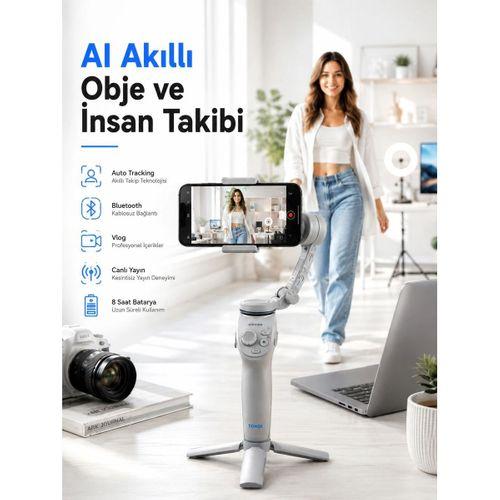 Yapay Zeka Takipli Telefon Gimbali Katlanabilir Tripod Bluetooth Kontrollü Dahili Led Işıklı
