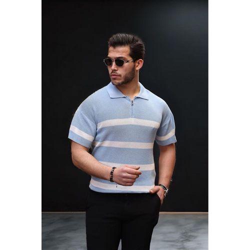 Yarım Fermuar Çizgili Oversize Triko T-Shirt - Açık Mavi