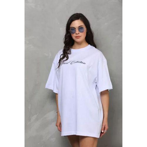 Pilelistore Unisex Bisiklet Yaka Baskılı Oversize T-Shirt - Beyaz