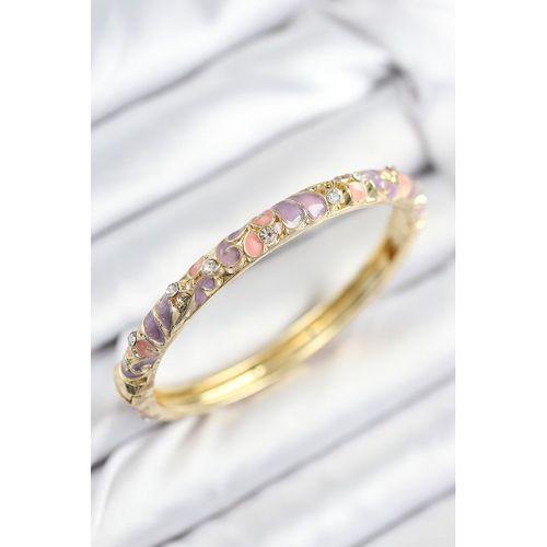 Mineli Pirinç Zirkon Taşlı Pembe Mor Çiçek Motifli Gold Kadın Kelepçe