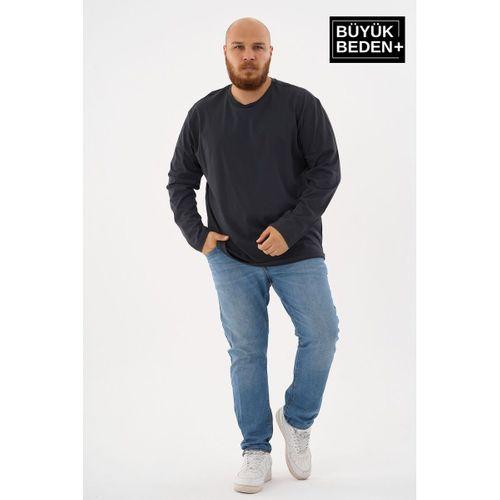 Erkek Büyük Beden Uzun Kollu 2 İplik Bisiklet Yaka Tişört