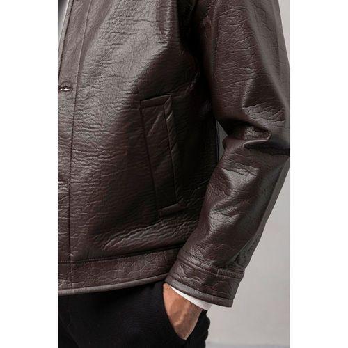 Denzel Düğmeli Yan Cepli Deri Görünümlü Erkek Ceket - Kahve