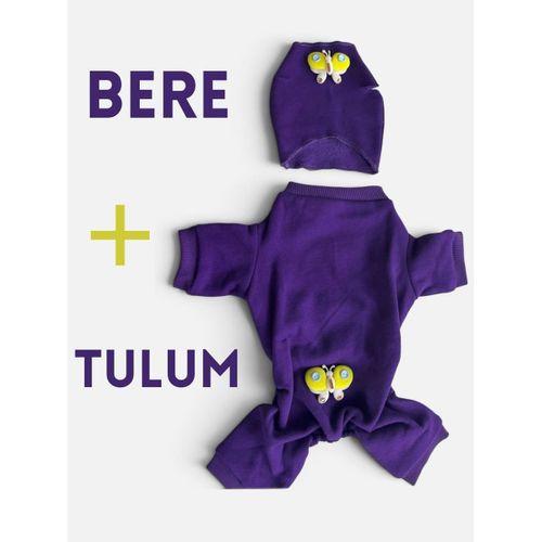 Violet Wings Kedi Bere ve Tulum Kombini | Mor Renk 3D Kelebek Aksesuarlı Penye Kedi Kıyafeti | 2 Parça