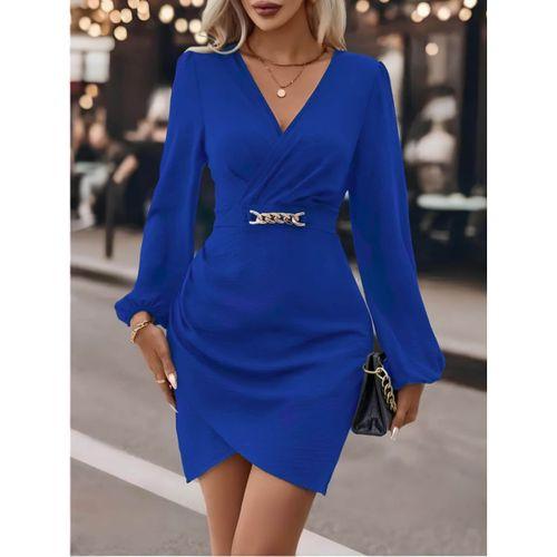 Kadın Uzun Kollu Kruvaze Yaka Yandan Büzgülü Asimetrik Detaylı Ithal Krep Mini Elbise