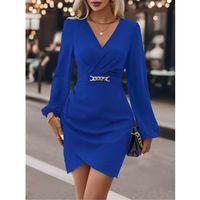 Kadın Uzun Kollu Kruvaze Yaka Yandan Büzgülü Asimetrik Detaylı Ithal Krep Mini Elbise