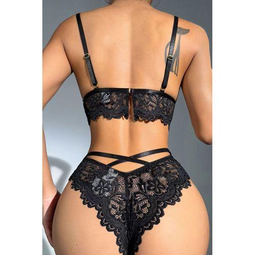 Kadın Siyah Kalp Tokalı Çapraz Lastik Detaylı Dantel İç Çamaşır Takımı