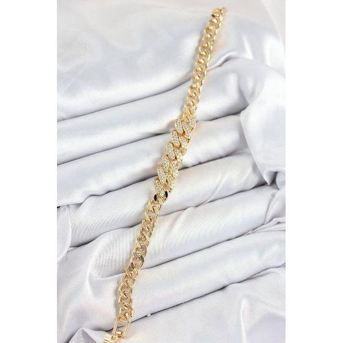 Pirinç Zirkon Taşlı Küba Zincir Model Gold Renk Kadın Bileklik