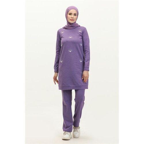 Bisiklet Yaka Uzun Tunik Pantolon Sade Basic Spor Takımı - 03050.207 - Koyu Lila