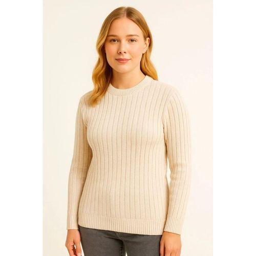 Bisiklet Yuvarlak Yaka Triko Kazak Pamuklu Kalın Fitilli Dokuma, Regular Fit Uzun Kollu Kışlık Model - Bej