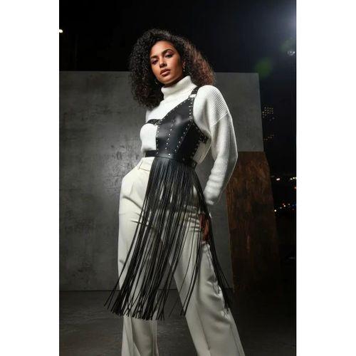 Siyah Etek Deri Zımbalı Asimetrik Püsküllü - Brf1014