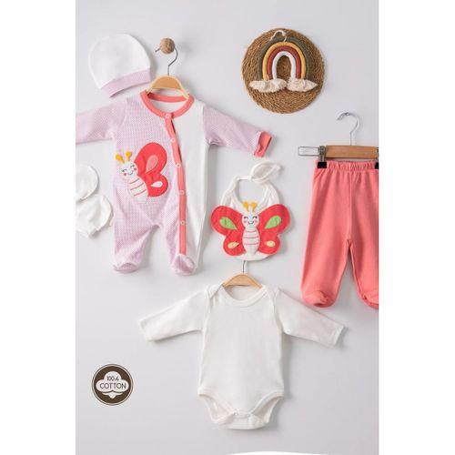 Kelebek Nakışlı Puanlı Tulumlu % 100 Pamuk Kız Bebek 5'li Set