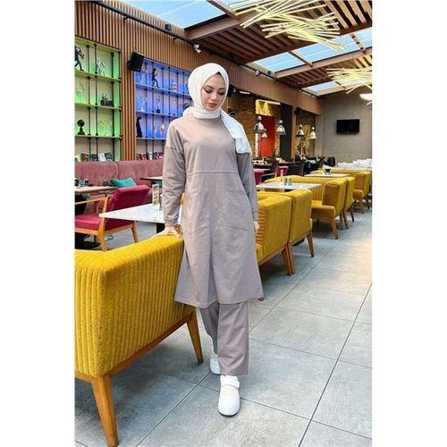 Önden İki Cepli Sade Basic Uzun Tunik Pantolon İkili Spor Takımı - 03067.016 - Vizon