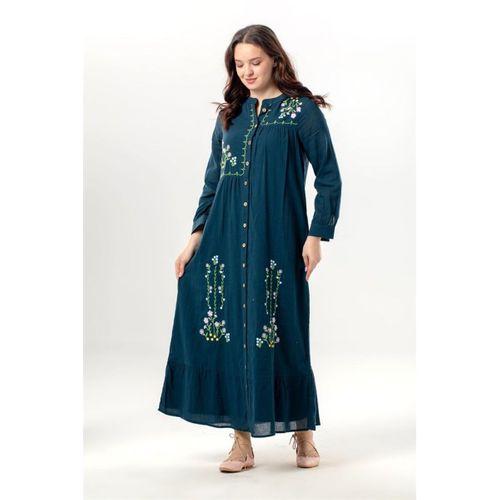 Uzun Kol Neşe Nakış Detaylı Boydan Düğmeli Yazlık Şile Bezi Uzun Elbise Petrol Ptrl